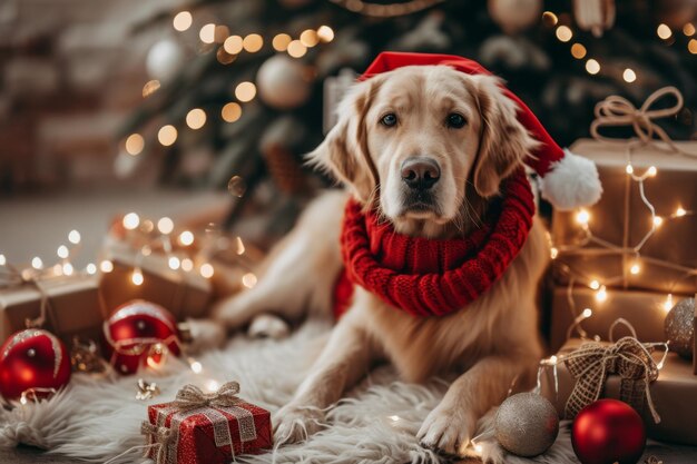 A heartwarming scene of a pet dressed in festive attire surrounded by twinkling lights and presents