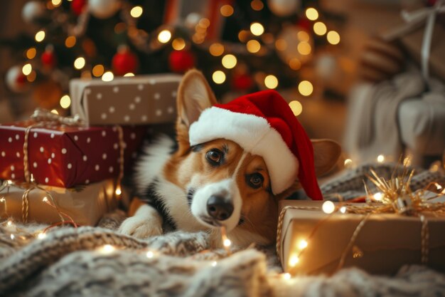 A heartwarming scene of a pet dressed in festive attire surrounded by twinkling lights and presents