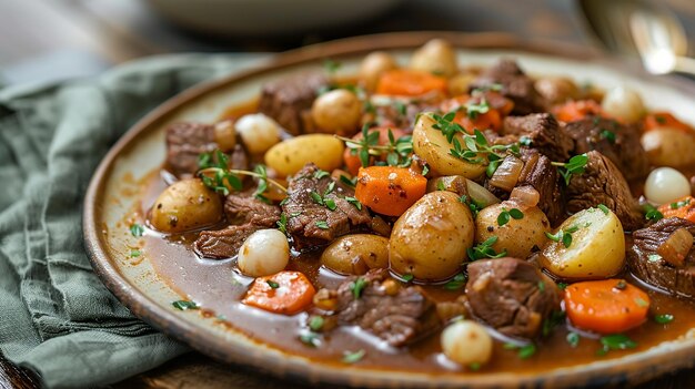 Hearty beef stew on a classic plate