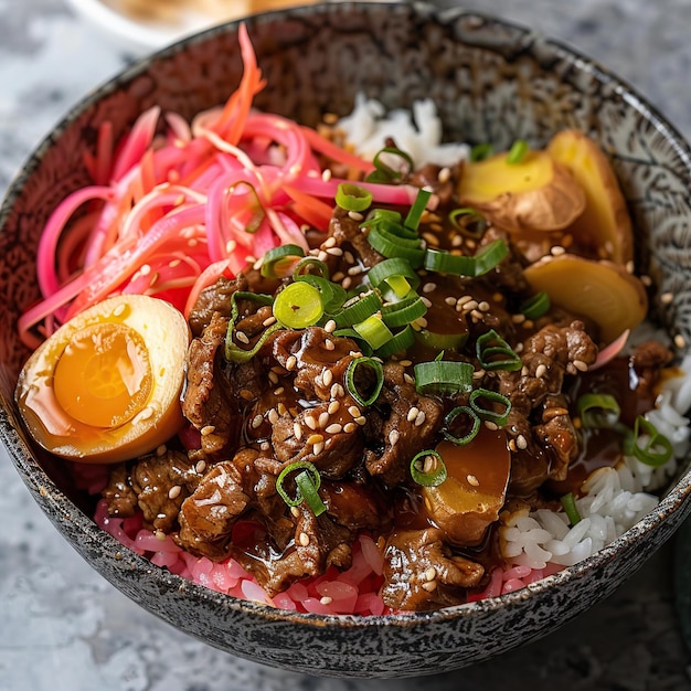 Hearty Bowl of Beef Gyudon with Rice and Pickled Ginger