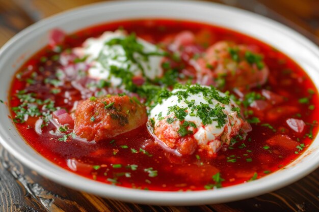 Hearty bowl of borscht garnished with meatballs sour cream and fresh herbs