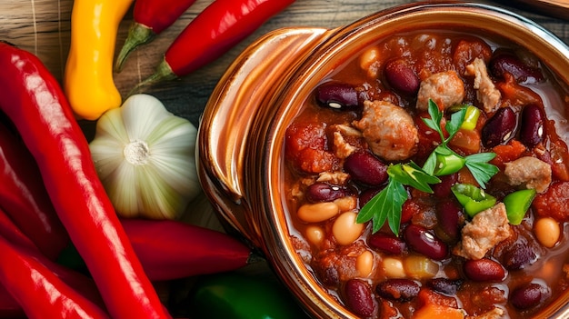 A hearty bowl of chili with red beans white beans and meat garnished with parsley