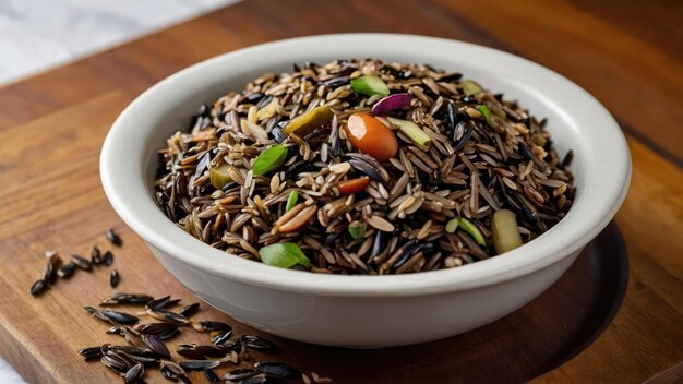 A hearty bowl of cooked wild rice with vegetables on a wooden table