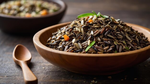 A hearty bowl of cooked wild rice with vegetables on a wooden table