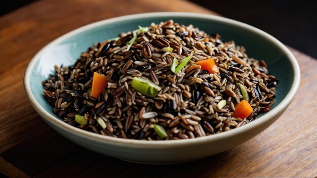 A hearty bowl of cooked wild rice with vegetables on a wooden table