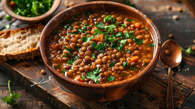 Photo a hearty bowl of lentil soup garnished with fresh herbs and served with a slice of whole grain bread