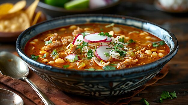 Photo hearty bowl of traditional pozole with hominy and radish garnish