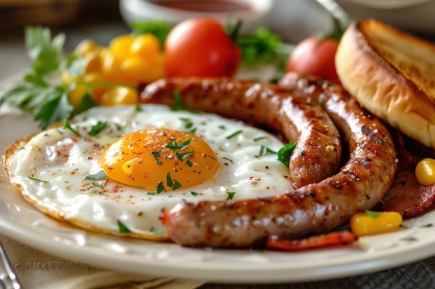 Photo hearty breakfast with grilled sausage fried egg and fresh vegetables for a delicious and savory