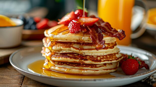 Photo hearty brunch spread with pancakes and bacon