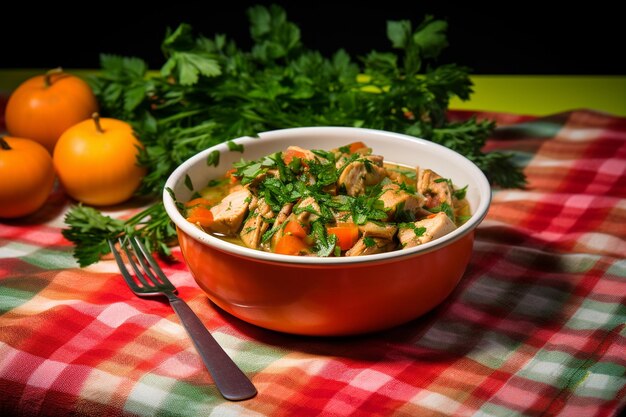 Photo hearty chicken stew on checkered cloth