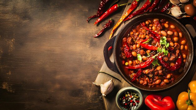 A hearty chili in a cast iron skillet surrounded by chili peppers and other spices