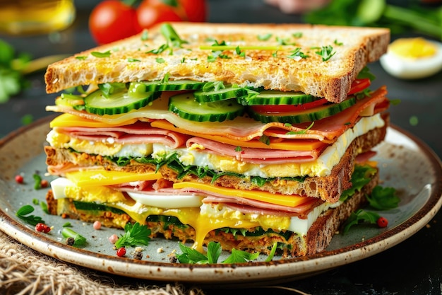 Hearty Club Sandwich Inviting Topdown View with Cheese and Ham