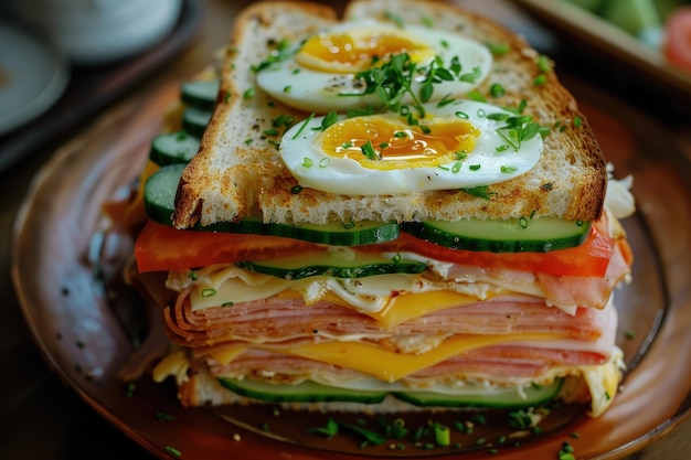 Hearty Club Sandwich Inviting Topdown View with Cheese and Ham