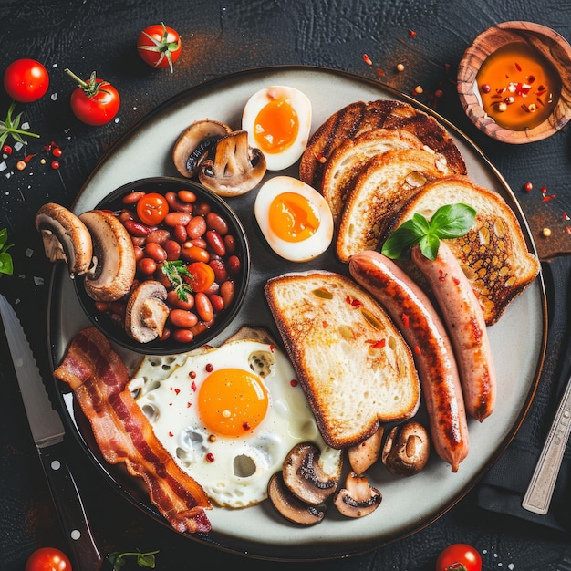 Photo a hearty english breakfast plate with eggs bacon sausages baked beans mushrooms and toast ready to fuel a busy day stylize 50 job id 26699ac551e44f8d991d5410cec4b58b