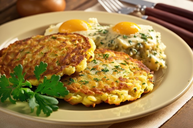 Hearty fresh potato pancakes with herbs steeped in fried scrambled eggs