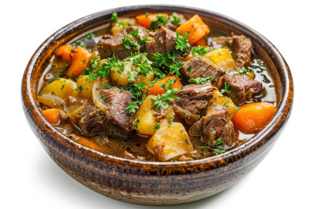 Hearty Lamb Stew with Vegetables Isolated On White Background