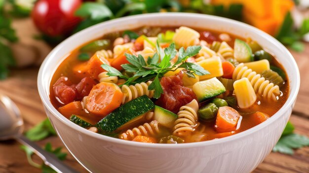 Photo hearty minestrone soup with vegetables and pasta served in a white bowl