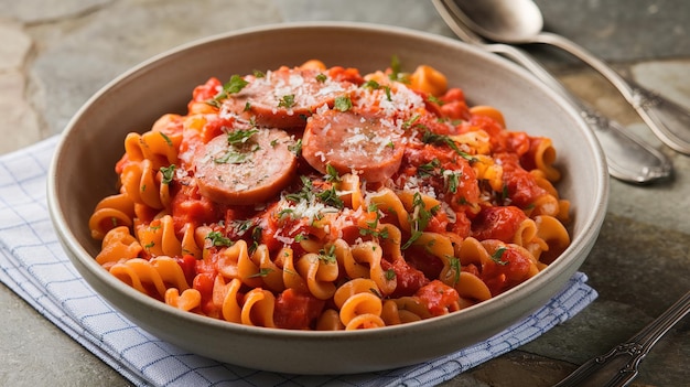 Photo a hearty pasta dish with sausage generative ai