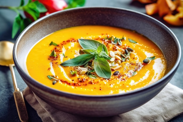 Hearty Pumpkin and Zucchini Cream Soup with Exquisite Garnish Generative AI