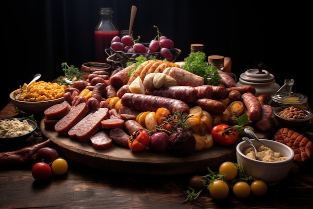 Hearty Spread of Assorted Sausages and Potatoes