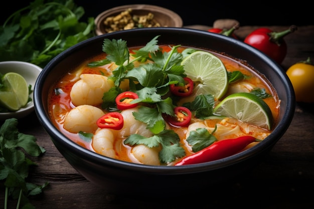 Photo hearty tom yum goong with potatoes