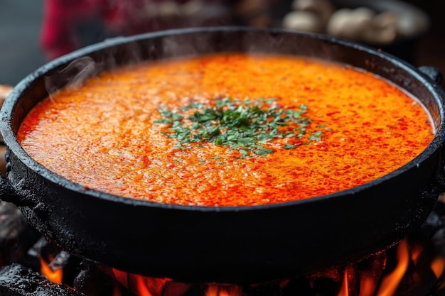 Hearty Tomato Soup Cooking Over Open Flame in Cast Iron Pot