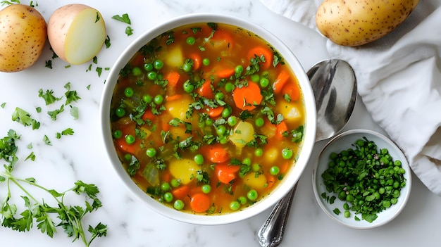 Photo hearty vegetable soup in white ceramic bowl white marble countertop colorful ingredients carrots pot