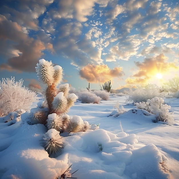 A heat desert landscape with cactus under snow