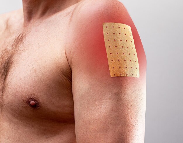 Heat patch for pain relief on skin for warming strained stretched muscle