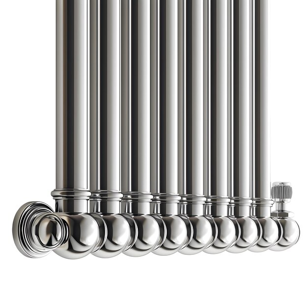 Photo heated towel rails with wallmounted heating radiators with combined connections isolated on white