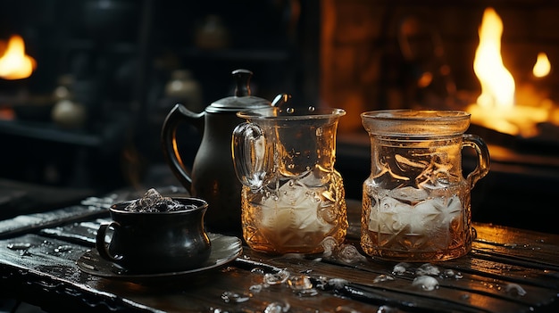 Heating Milk And Water For Making Coffee On An Old Metal Stove In Metal Jugs