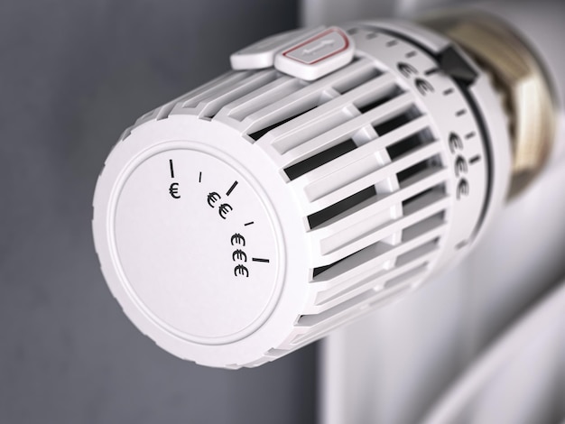 Heating radiator thermostat with euro sign Energy crisis energy efficiency and rising heating costs in Europe concept