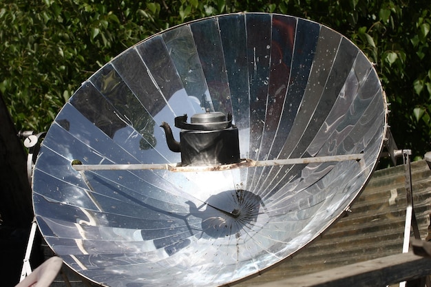 Heating a teapot by sunlight using a parabolic mirror in Nepal