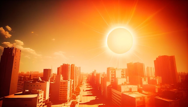 Heatwave over a city bright sun global warming urban heat island Generative AI