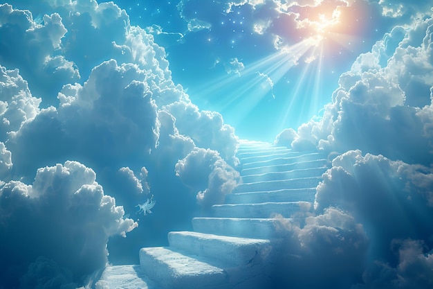 Heaven clouds and stairway to heaven in blue sky with angel wings on background light from god ray