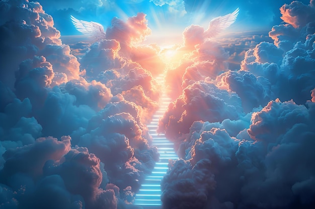 Heaven clouds and stairway to heaven in blue sky with angel wings on background light from god ray