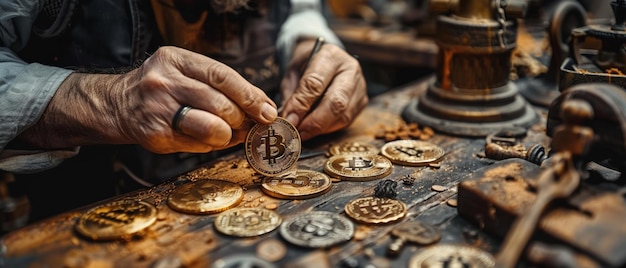 A heavenly jeweler crafting exquisite Bitcoin jewelry in a divine workshop