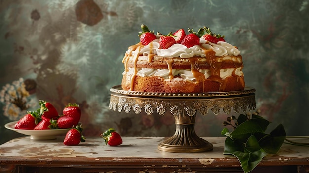 A heavenly Strawberry Mousse Cake is displayed on a marble cake stand