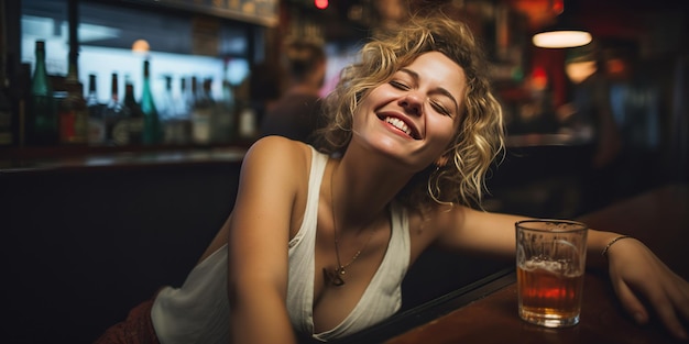 A heavily intoxicated woman sits in the bar her disheveled appearance and vacant gaze revealing the extent of her intoxication creating a somber atmosphere Generative AI