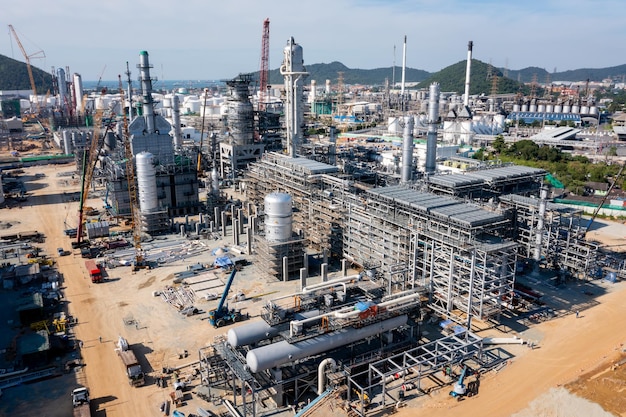 Heavy construction crude oil refinery plants machine doing building with Construction site