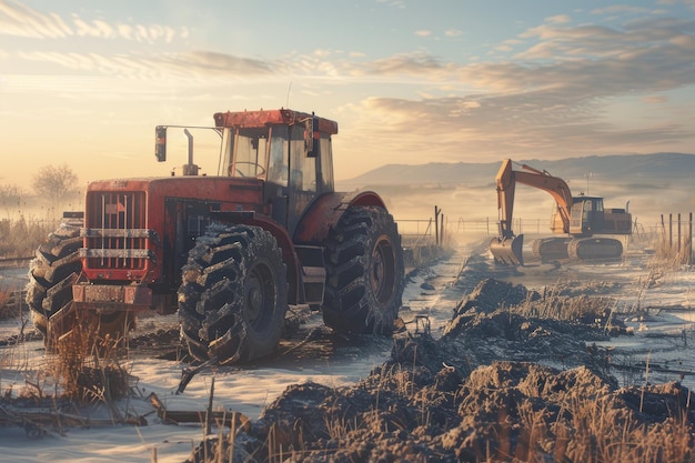 Heavy construction machinery in morning sunlight