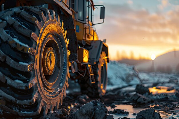 Heavy Duty OffRoad Tire on a Construction Vehicle at Sunset