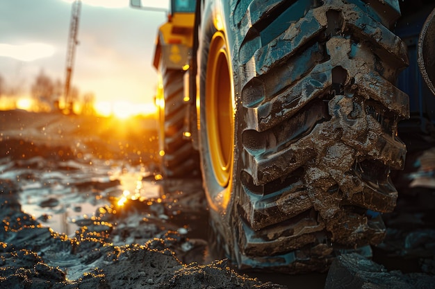 Heavy Duty OffRoad Tire on a Construction Vehicle at Sunset