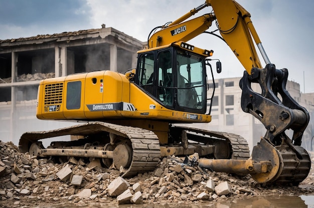 Photo heavy equipment with hydraulic arm for demolition task