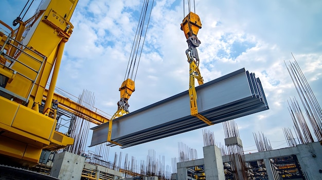 Photo heavy industrial crane lifting steel beams at construction site with detailed mechanics