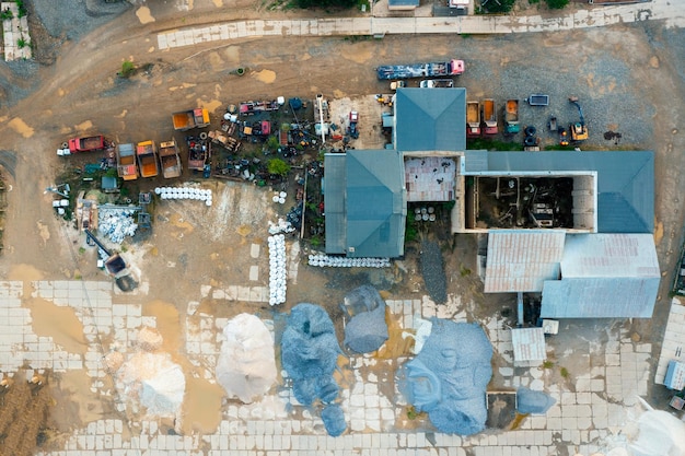 Heavy industrial machinery parking industrial area top view