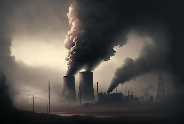 Heavy industry landscape with chimneys smoke pollution Ecology concept Generative AI