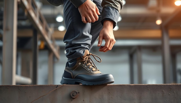 A heavy industry worker tying shoelace on his work shoes while standing on height isolated with