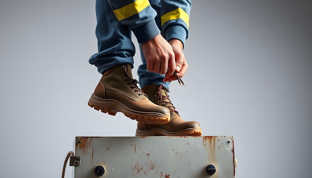 Photo a heavy industry worker tying shoelace on his work shoes while standing on height isolated with