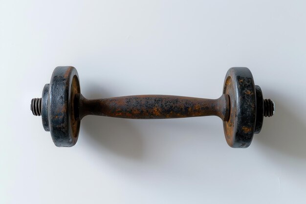 Photo heavy iron dumbbell resting on a white surface showcasing wear and tear from years of use in fitness training